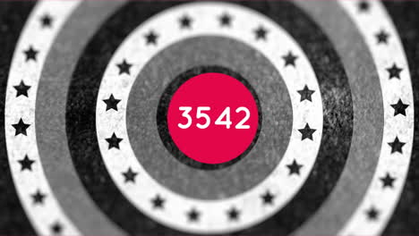 números crecientes en la bandera roja redonda contra las estrellas en círculos giratorios en fondo negro