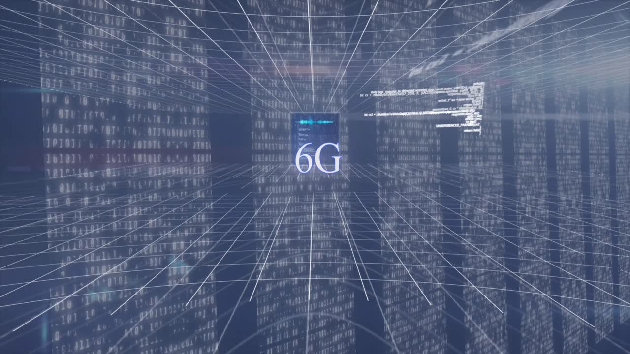 animación de texto 6g y procesamiento de datos en fondo azul