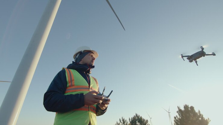 Energy Engineer Inspecting Wind Farm with Drone