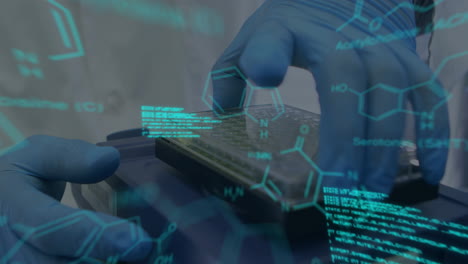 animation of scientific data processing over hands of scientist in laboratory