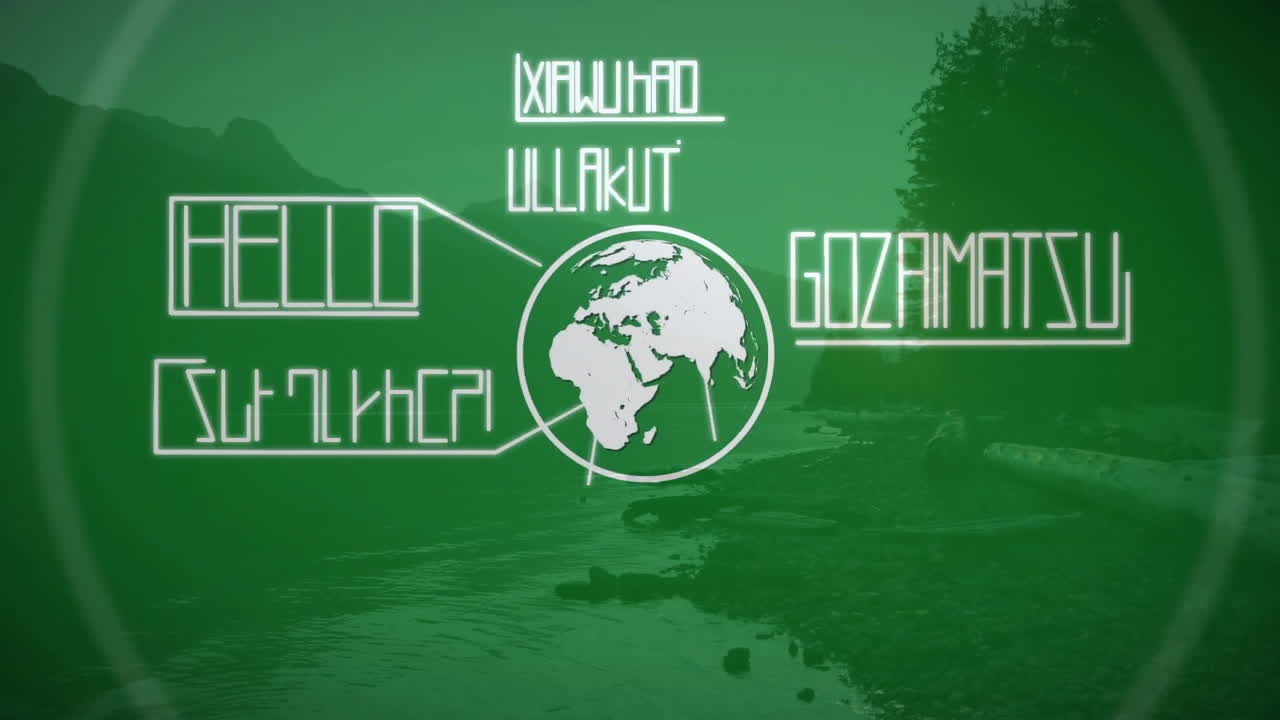 アニメーション: 地球の接続とヘローテキストをランドスケープの上に