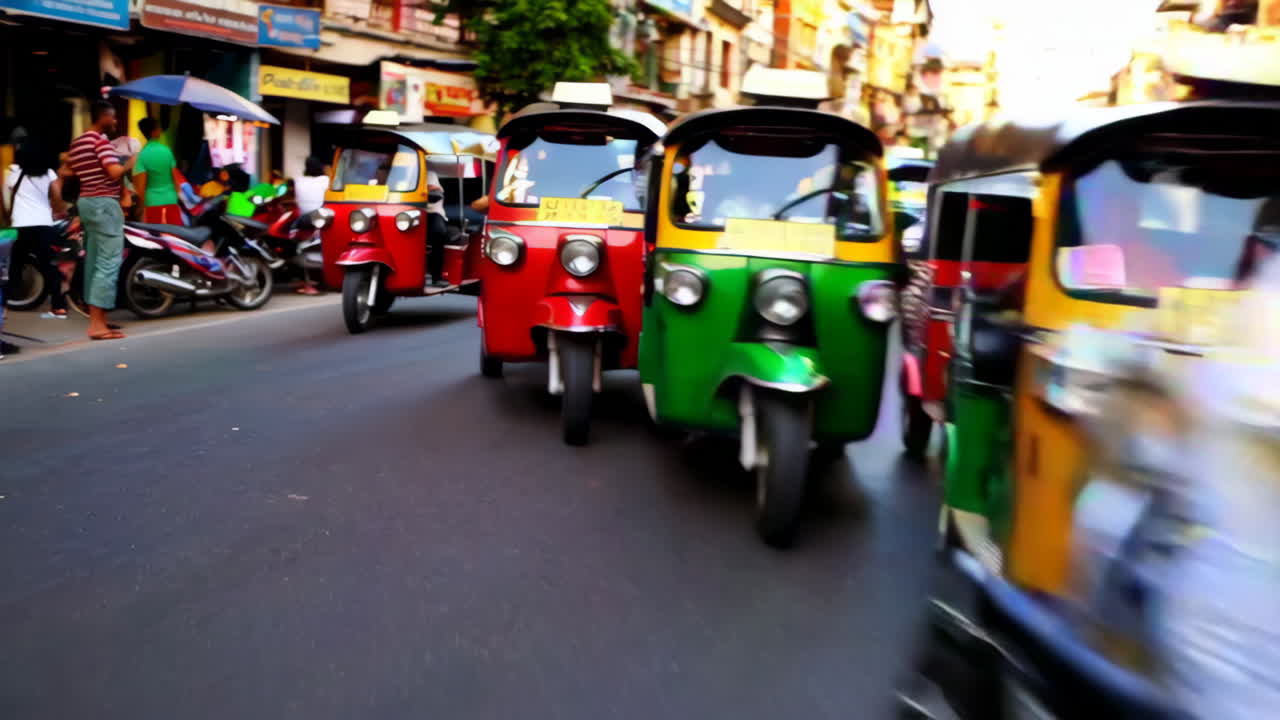 Colorful Tuk-tuks in a Busy Street Scene