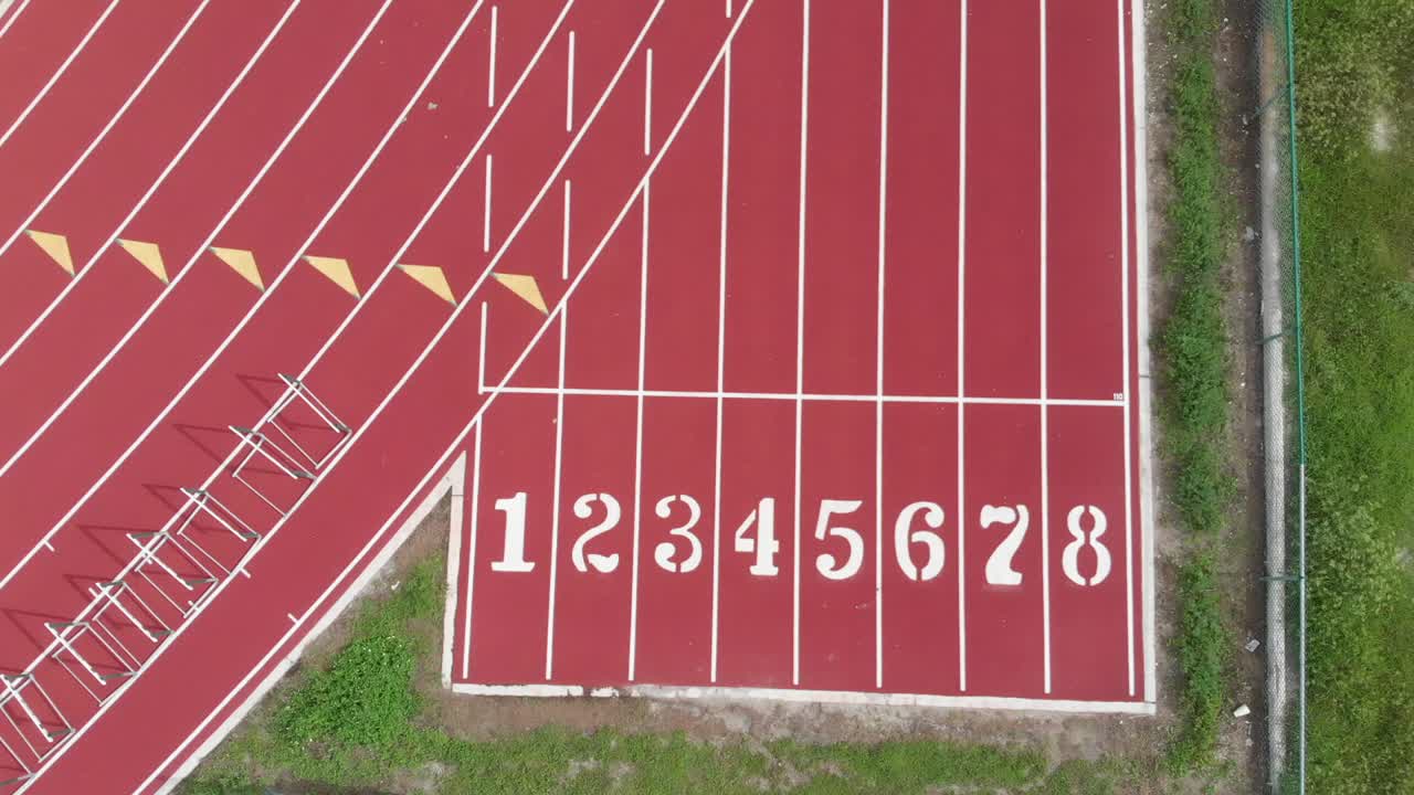 Aerial view of high school track field, the starting line for sprinters