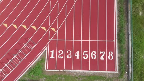 aerial view of high school track field, the starting line for sprinters