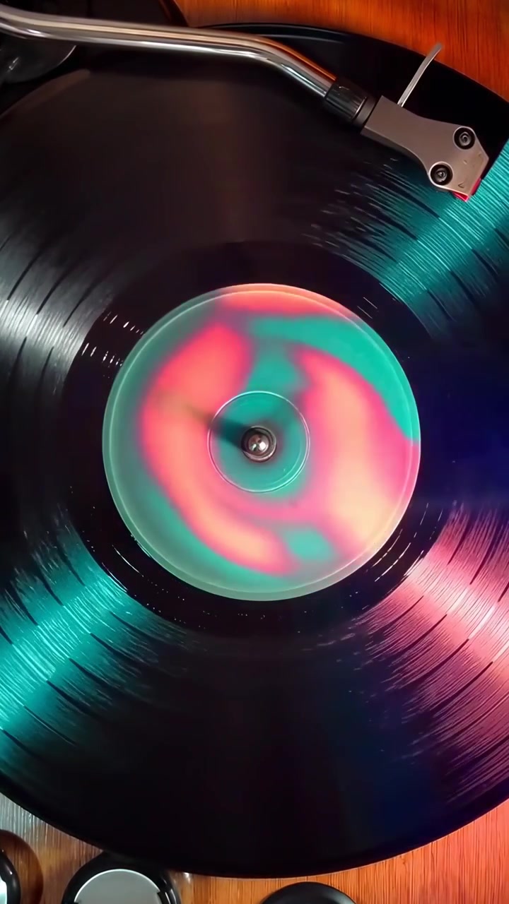Vista dall'alto di un disco in vinile che gira con effetti di luce psichedelici