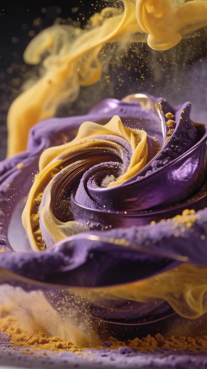 Video verticale: Un pennacchio giallo che entra avvia una spirale viola che si srotola alla base dello studio, creando foschia.