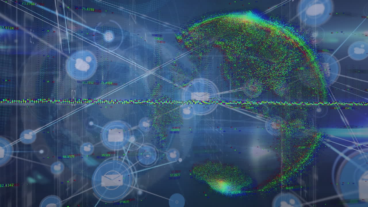 animación de la red de conexiones sobre procesamiento de datos y globo sobre fondo negro