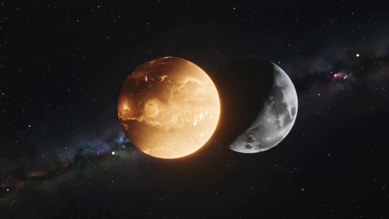Starting simulation showing orange-gold planet and gray cratered moon rotating in starfield band