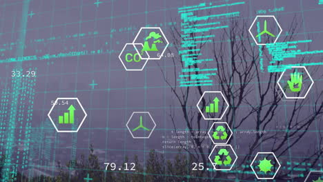 Animation-of-network-of-eco-icons-and-data-processing-over-landscape