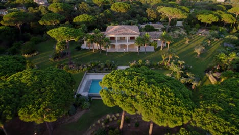 toma aérea hacia atrás de un hombre de lujo entrando en una villa de lujo con piscina rodeada de plantaciones de pinos al atardecer