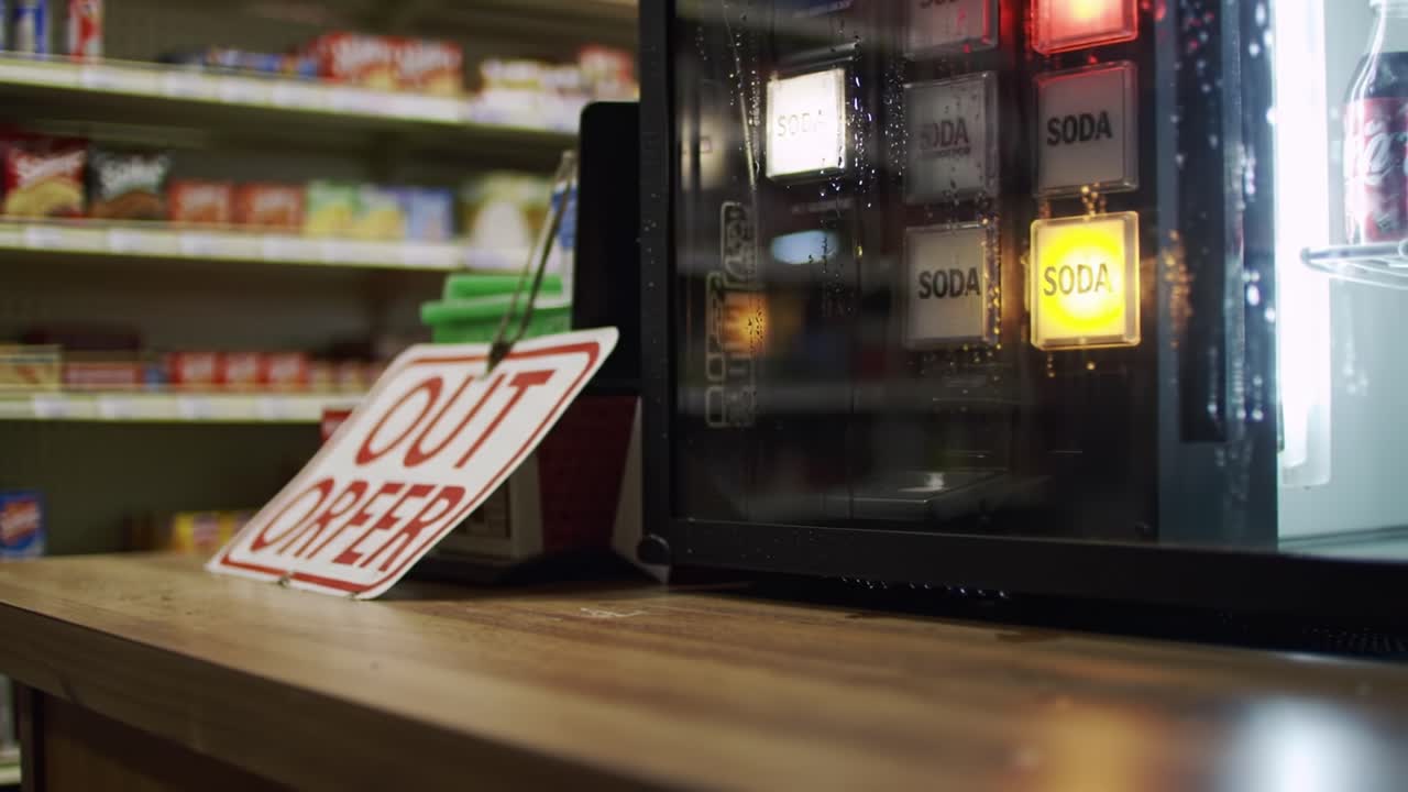 Frustration Brewing: A Close-Up of an Out-of-Order Soda Machine in a Convenience Store, Capturing the Disappointment of Customers Seeking Refreshments