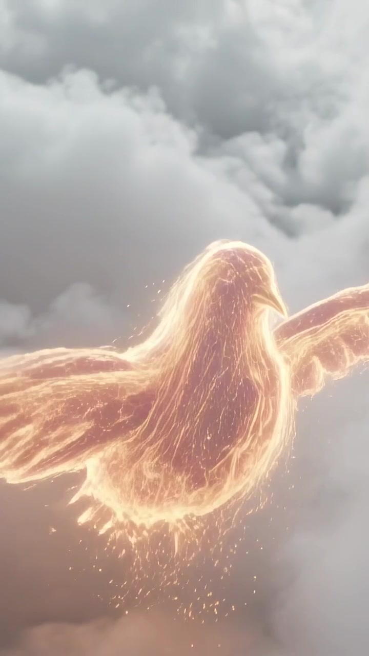 Vertical video: Emerging ember shedding sparks, forming bird beak wings tail gliding above clouds