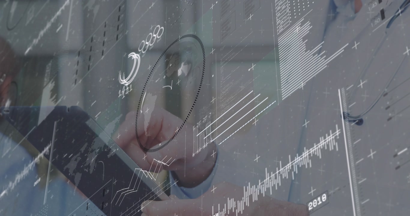 Business manager tapping tablet analyzing expanding circular chart and data overlays in office