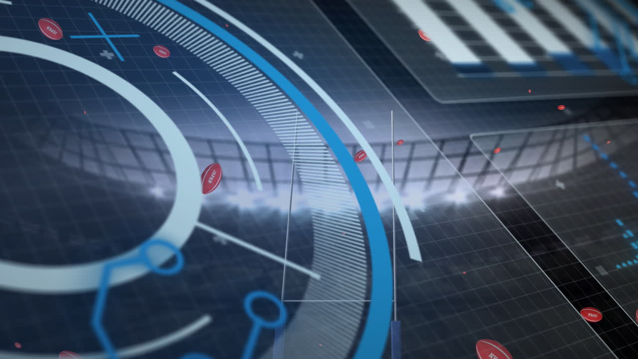 Data processing japan print on over rugby balls falling against sports stadium in background