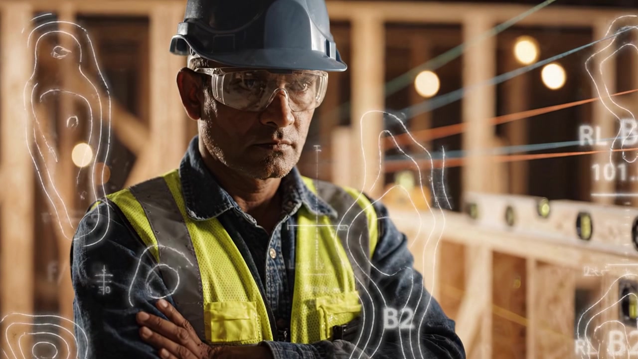 A focused construction worker analyzing plans in a building site with technical diagrams, ensuring precision in the project development and safety procedures.