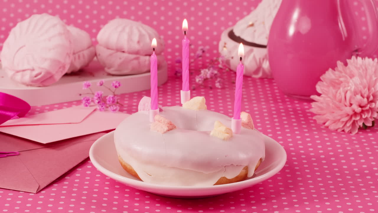 Pink Birthday Donut with Candles and Marshmallows