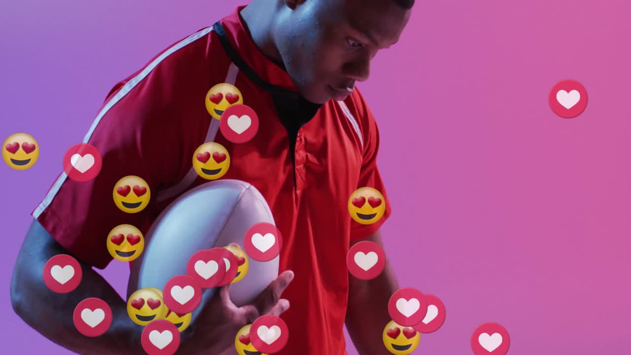 Rugby-spiller holder ball, følger flytende hjerte-emojier med ett sekunds forsinkelse for sportsmarkedsføring