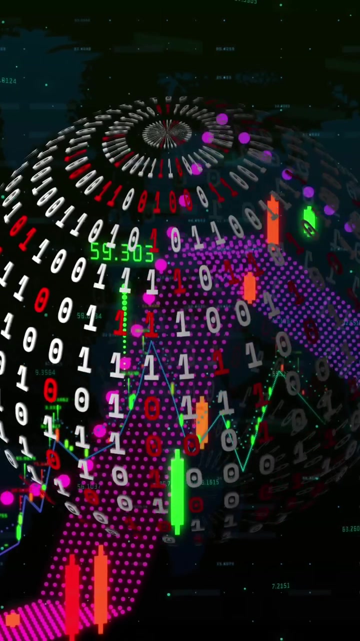 Digital Globe with Binary Code and Financial Data Visualization