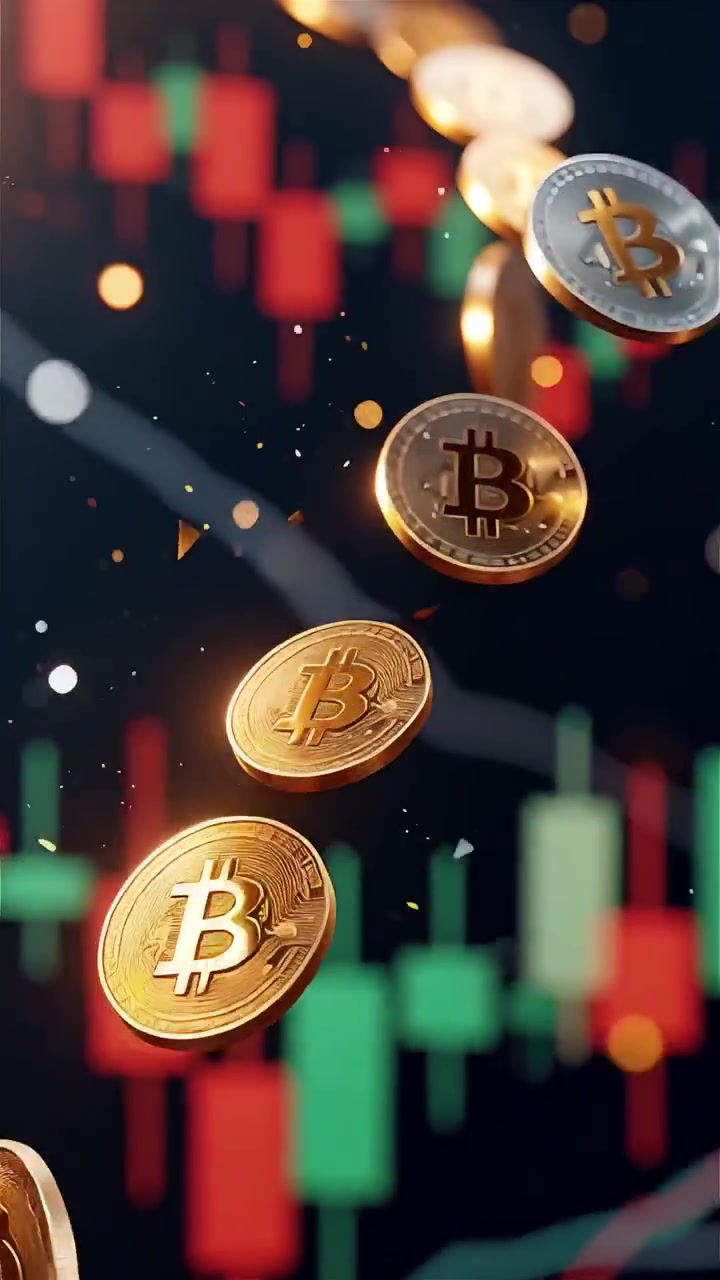 Monete Bitcoin dorate con sfondo sfocato di grafico a candele 4K.