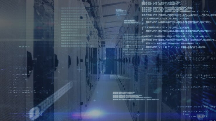 Animation of light spot and data processing against computer server room