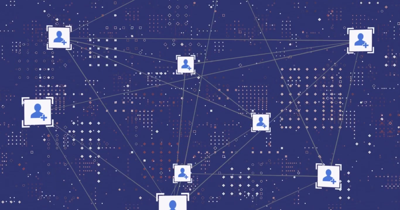 Animation of data processing and media icons over blue background