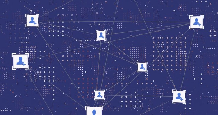 Animation of data processing and media icons over blue background