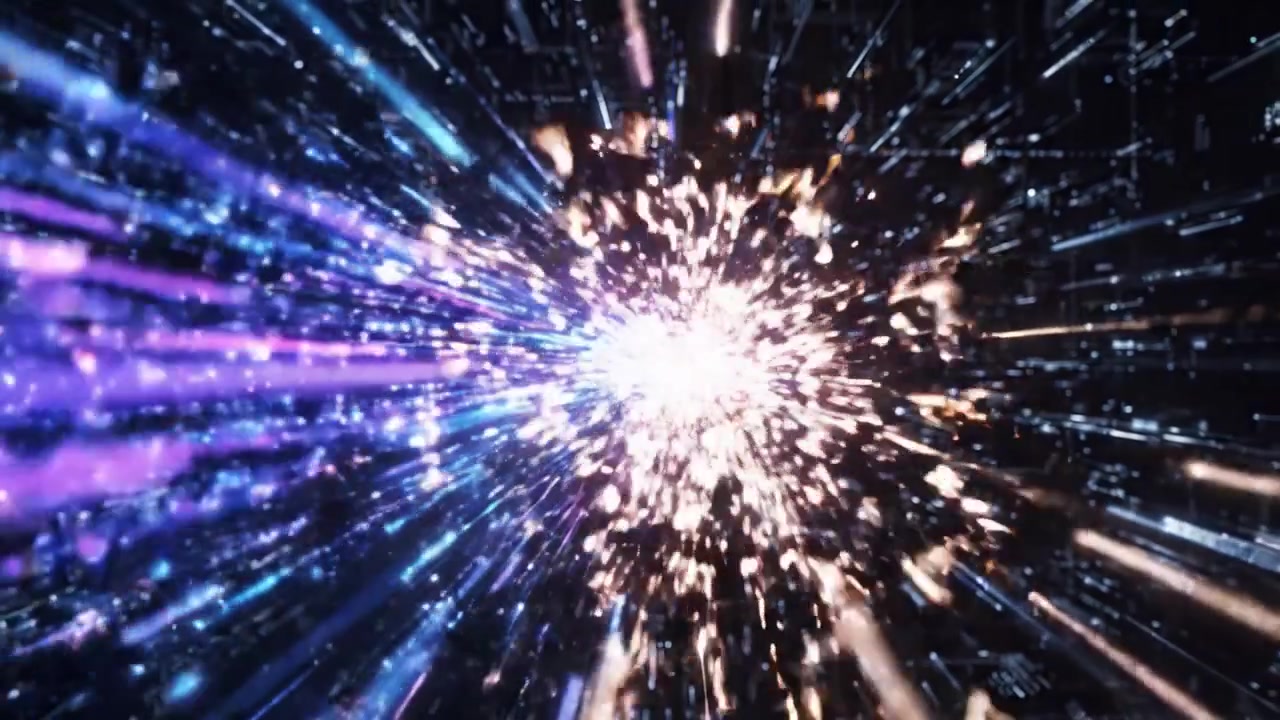 Un viaggio spettacolare attraverso il cosmo: scie di luce vibranti e particelle dinamiche che sfrecciano attraverso uno spazio oscuro e high-tech, ricco di elementi visivi energetici