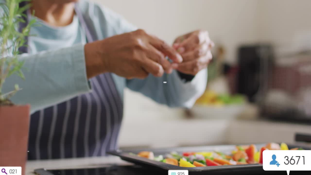 Home cook pinching herb igniting rising marketing search user or message icons while veg seasoning