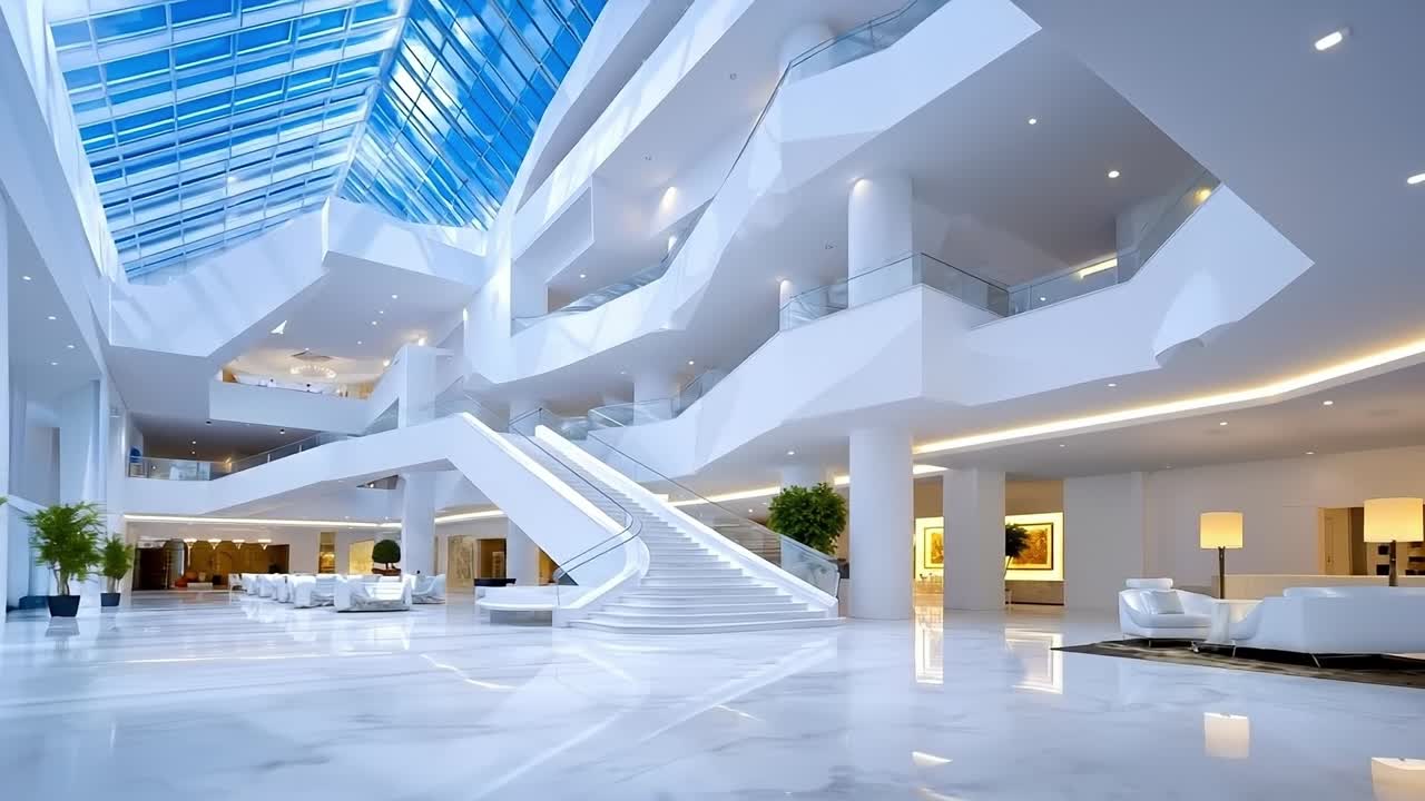 A large white lobby with a skylight above it