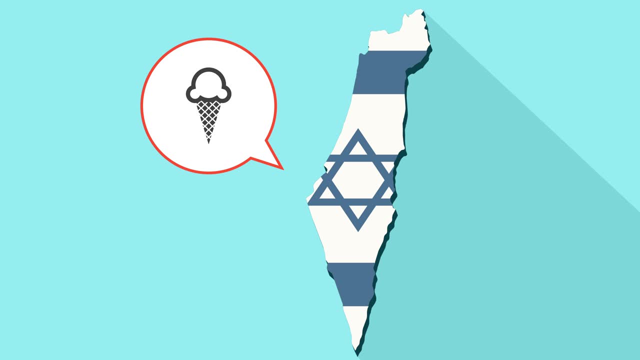 animación de una larga sombra mapa de israel con su bandera y un globo cómico con un cono de helado