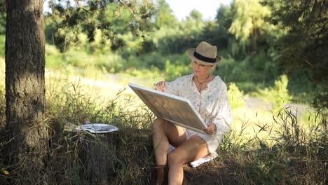 a woman artist paints a picture during sunset artist art for sale inspiration in nature - a woman artist paints a picture during sunset. artist, art for sale, inspiration in nature
