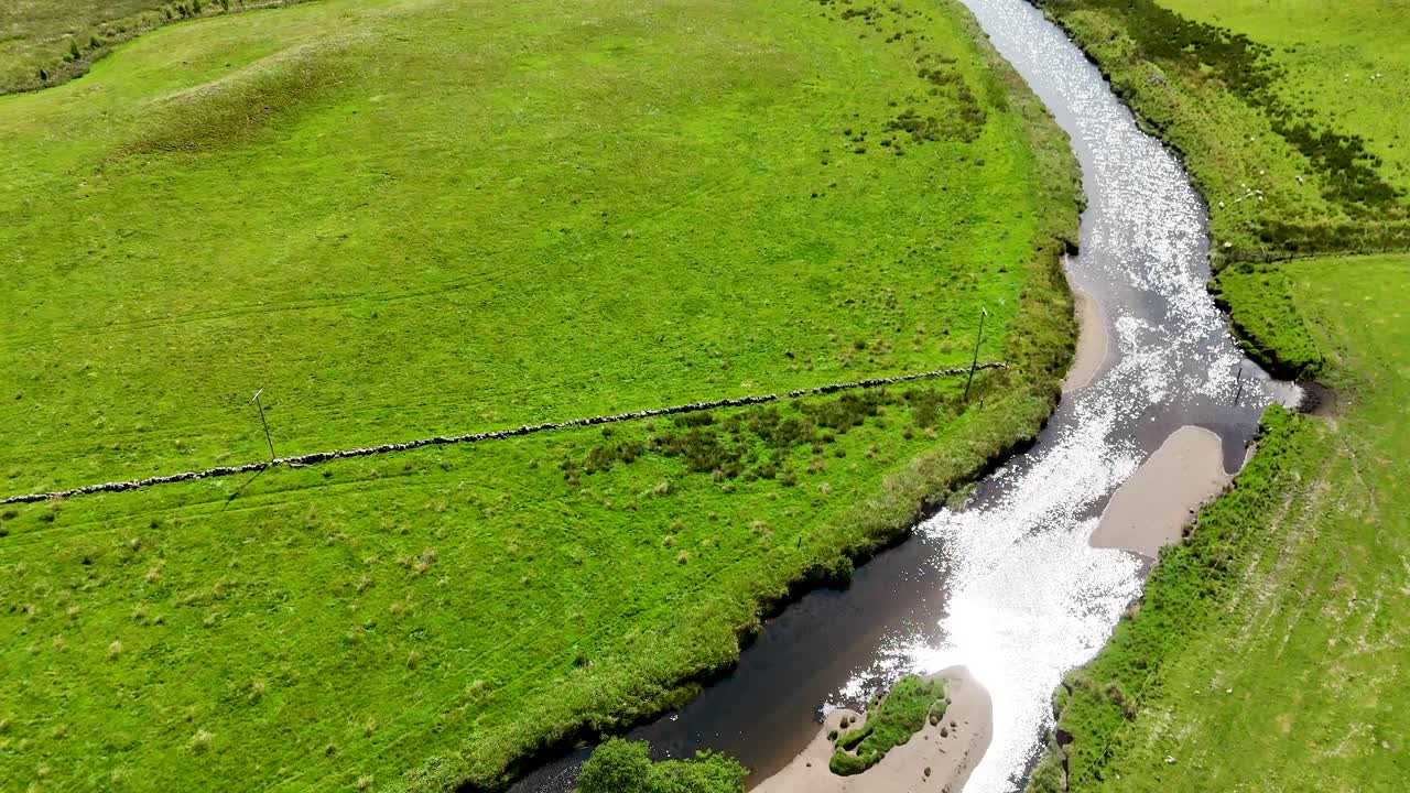 Drone camera glides above a winding river bordered by lush green fields and scattered trees in Glen Clova, Scotland, under bright natural daylight