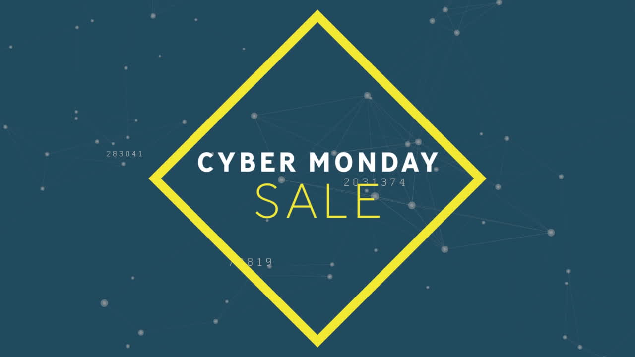 Animasi digital spanduk teks Cyber Monday dengan latar belakang jaringan koneksi pada latar belakang biru