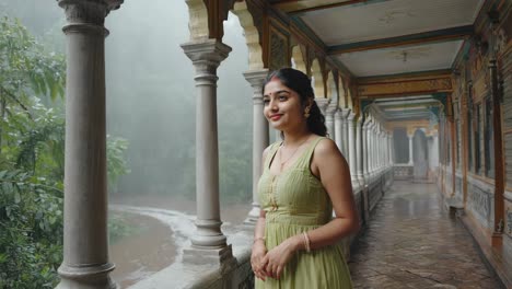 young indian woman wearing traditional dress looking at the river flowing next to her palace during monsoon season, standing on a balcony with columns