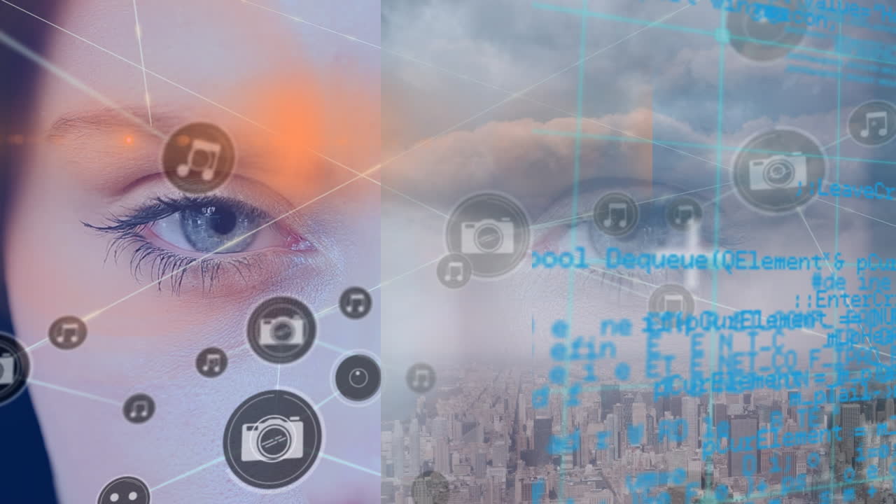 animación de conexión con iconos y procesamiento de datos sobre la ciudad y el rostro de la mujer caucásica