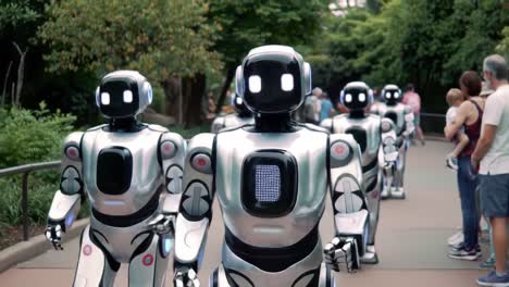 a group of advanced humanoid robots walking through a lush park, showcasing their sleek design and sophisticated technology in an interaction with visitors