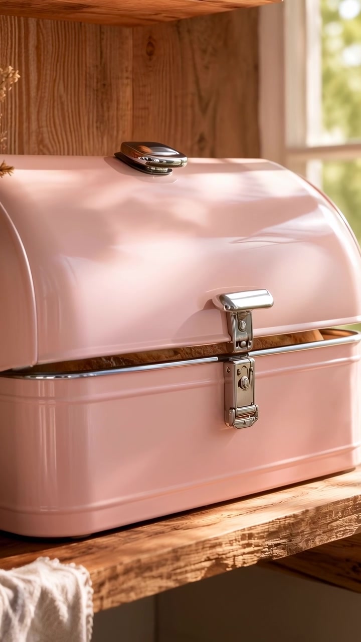 Scena di cucina in primo piano che mostra una scatola di pane in metallo rosa pallido appoggiata su uno scaffale di legno rustico, con il coperchio parzialmente aperto e una pagnotta croccante visibile all'interno, luce calda del giorno, legno invecchiato, morbida vegetazione, casa accogliente.