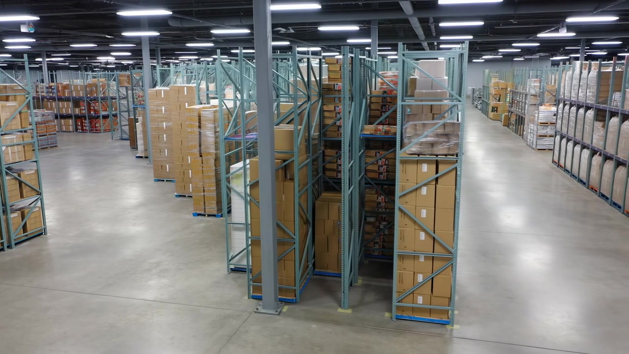Empty Warehouse Aisles With Stacked Boxes, Tall Metal Racks, Concrete Floor Under Bright Fluorescent Lighting
