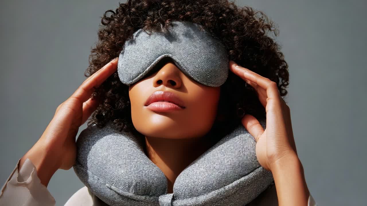 A Woman in a Relaxation Pose with a Neck Pillow and Eye Mask, Exuding Calmness and Serenity, Perfect for Yoga, Meditation, or Relaxation Sessions to Enhance Well-being