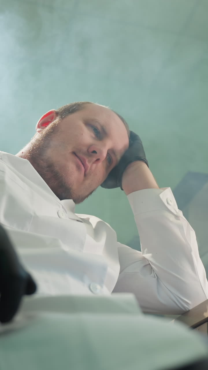 백색 실험실 코트를 입은 과학자가 실험실 환경에서 눈을 감고 손을 이마에 고 앉아 휴식을 취하는 근접한 모습