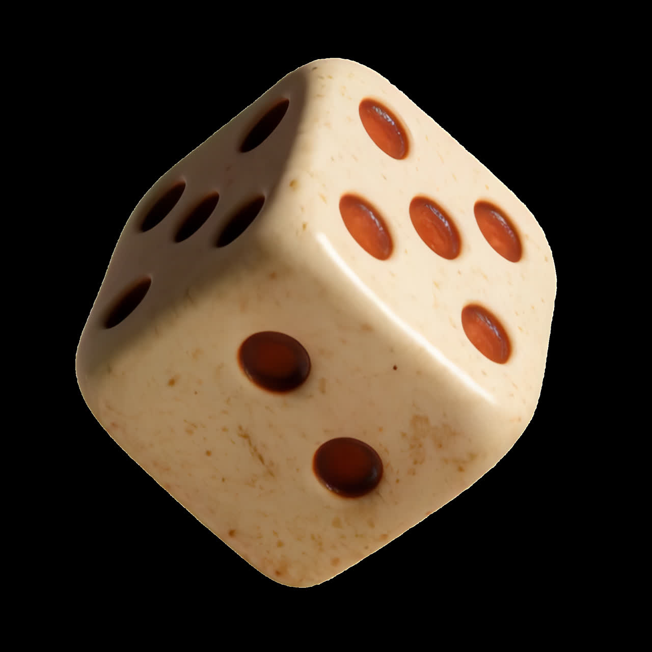 Vintage dice with brown dots animation isolated asset, transparent 4K video, alpha channel, ProRes