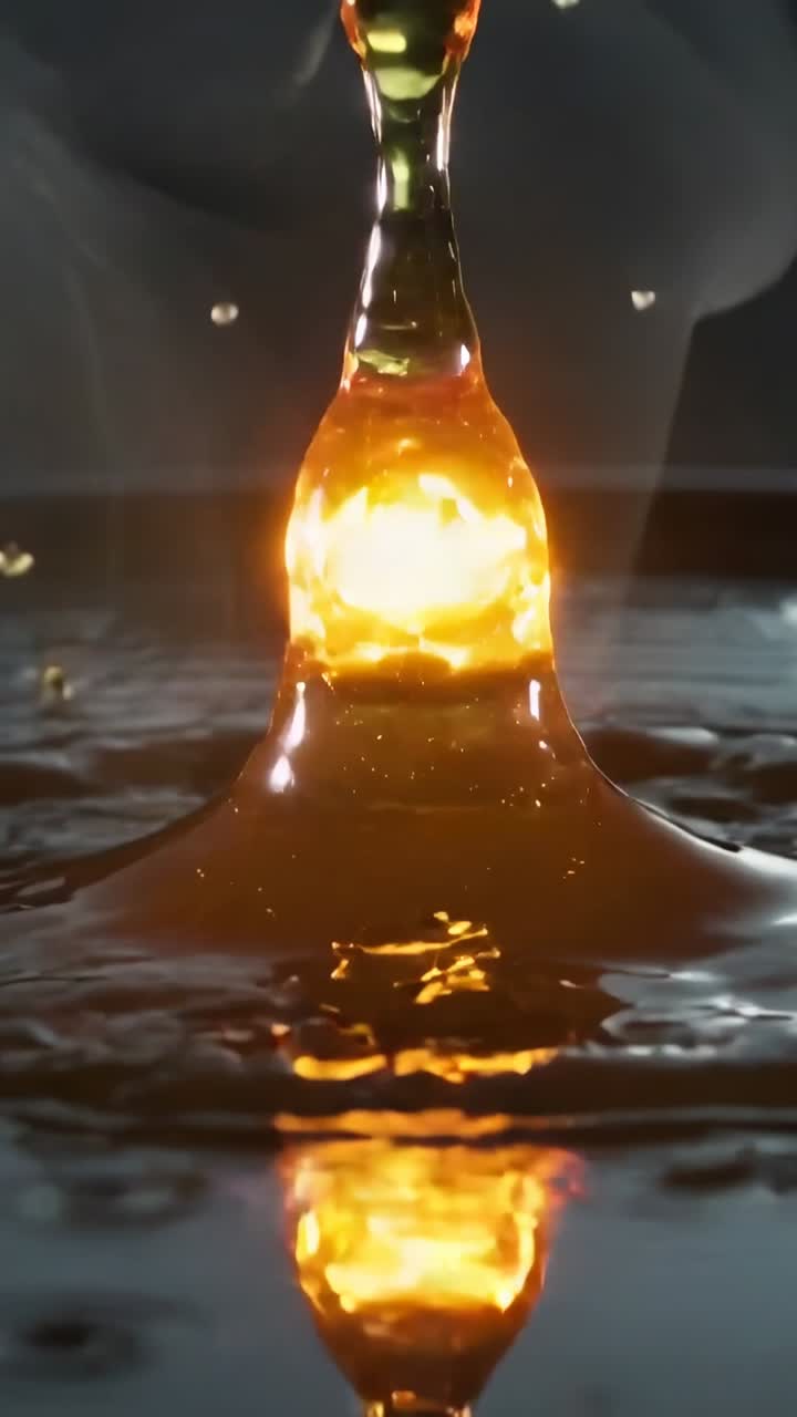 Vertical video: Falling amber droplet striking studio tray, forming warm crowns and rebound columns