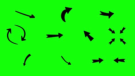 dibujando animación de muchas flechas de muchas formas diferentes apuntando a algo sobre una pantalla verde