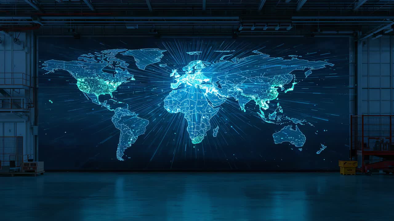 Starting LED sequence huge map pulsing lines across hangar wall, visualizing global data, red lift