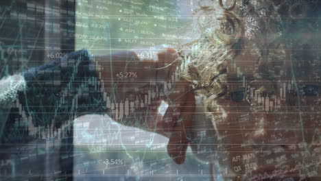 financial data processing against caucasian man wearing headphones sitting in the bus