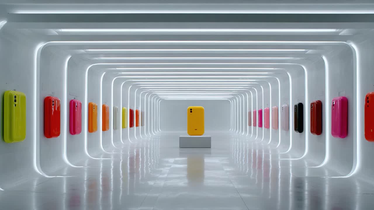 A Vibrant Display of Colorful Mobile Devices Surrounded by a Sleek, Modern Gallery Space Featuring a Central Yellow Phone on a Pedestal Amidst a Range of Other Hues