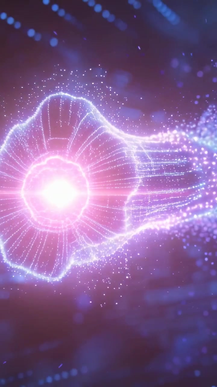 Video verticale: Formazione di un guscio toroidale con nucleo pulsante, che estende linee a griglia e una scia nello spazio digitale.