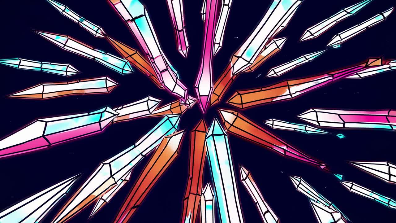 Dynamic sequence of colorful crystalline structures radiating outward in a mesmerizing display, showcasing vibrant colors and intricate designs in motion
