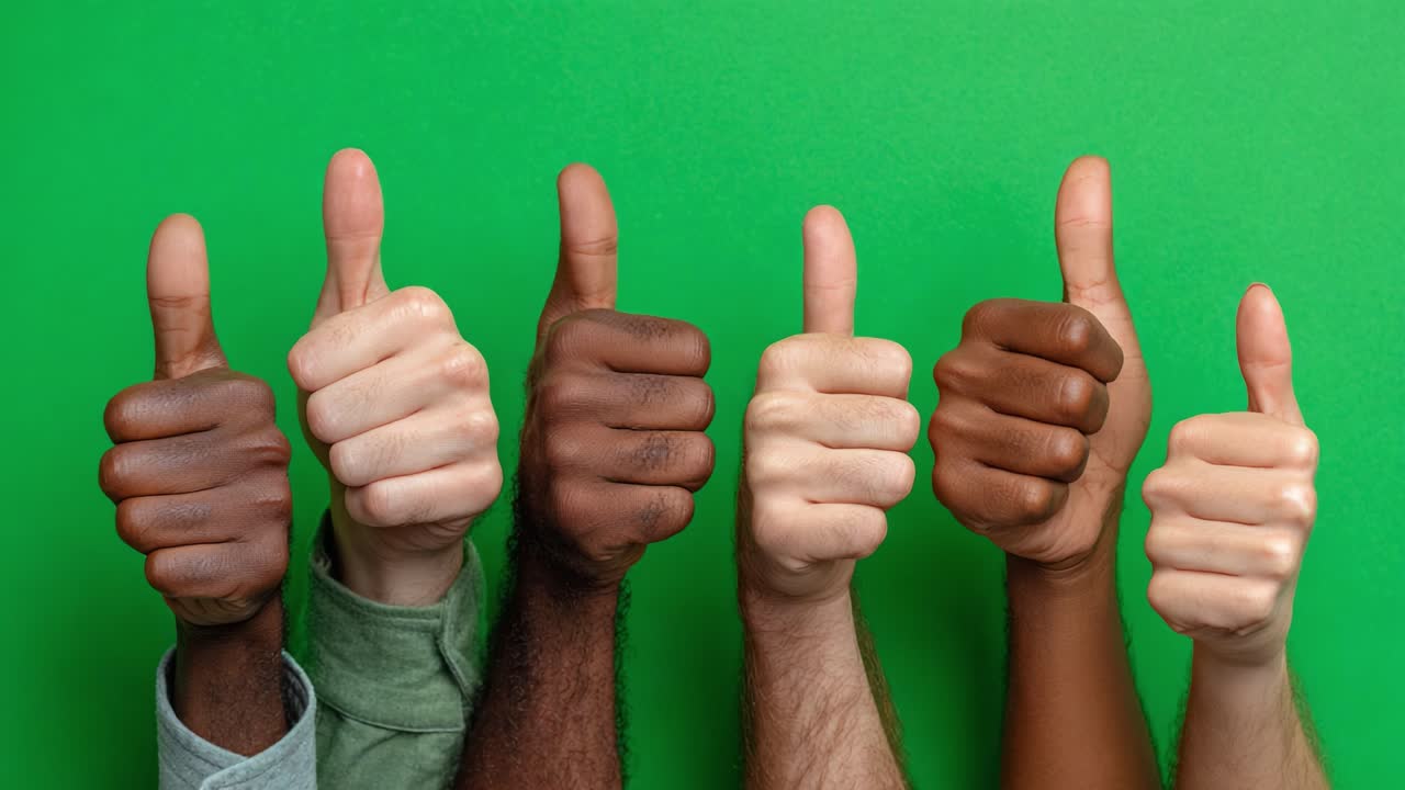 Un gruppo eterogeneo di mani che danno l'ok, a simboleggiare unità, supporto e positività su uno sfondo verde, in una rappresentazione dinamica di incoraggiamento