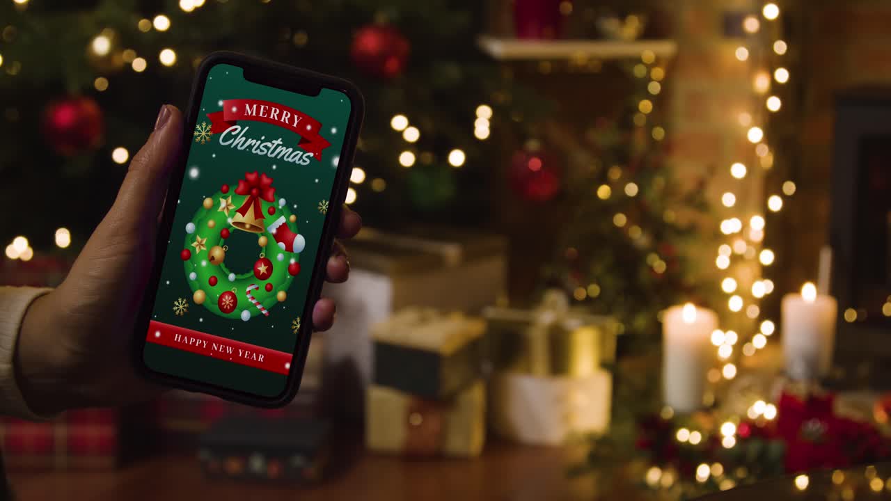 가정에서 휴대전화를 들고 크리스마스 축하 메시지와 나무와 선물을 배경으로